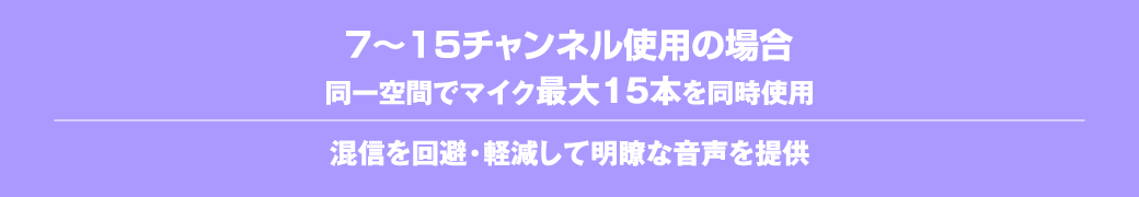 7〜15チャンネル使用の場合。同一空間でマイク最大15本を同時使用　混信を回避・軽減して明瞭な音声を提供
