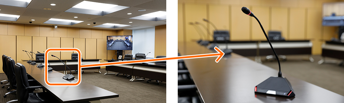 委員会室の議員席に置かれた、赤外線会議システムの参加者ユニット（TS-822＋TS-923）